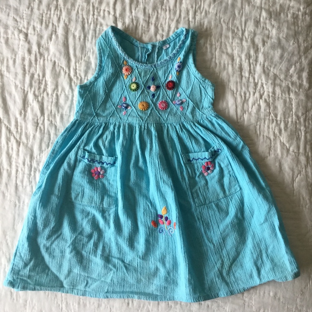 Embroidered cotton gauze 2t dress turquoise